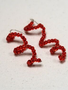 Y2K Vintage Handmade Bendable Red Beaded Spiral Drop Dangle Earrings